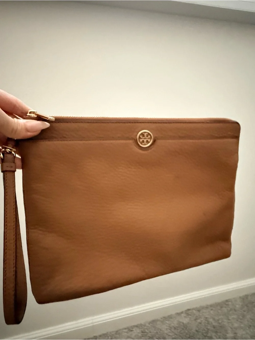 Tory Burch Pebbled Leather Wristlet/Clutch in Brown with Gold-Tone Logo